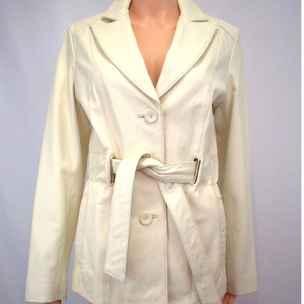 Wilsons Leather Ivory Trench Coat Jacket Women’s Small Belted Blazer Y2K Retro